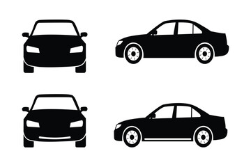 Black Silhouette and Detailed Front and Side View Car Icons – Vector Set of Sedan Illustrations