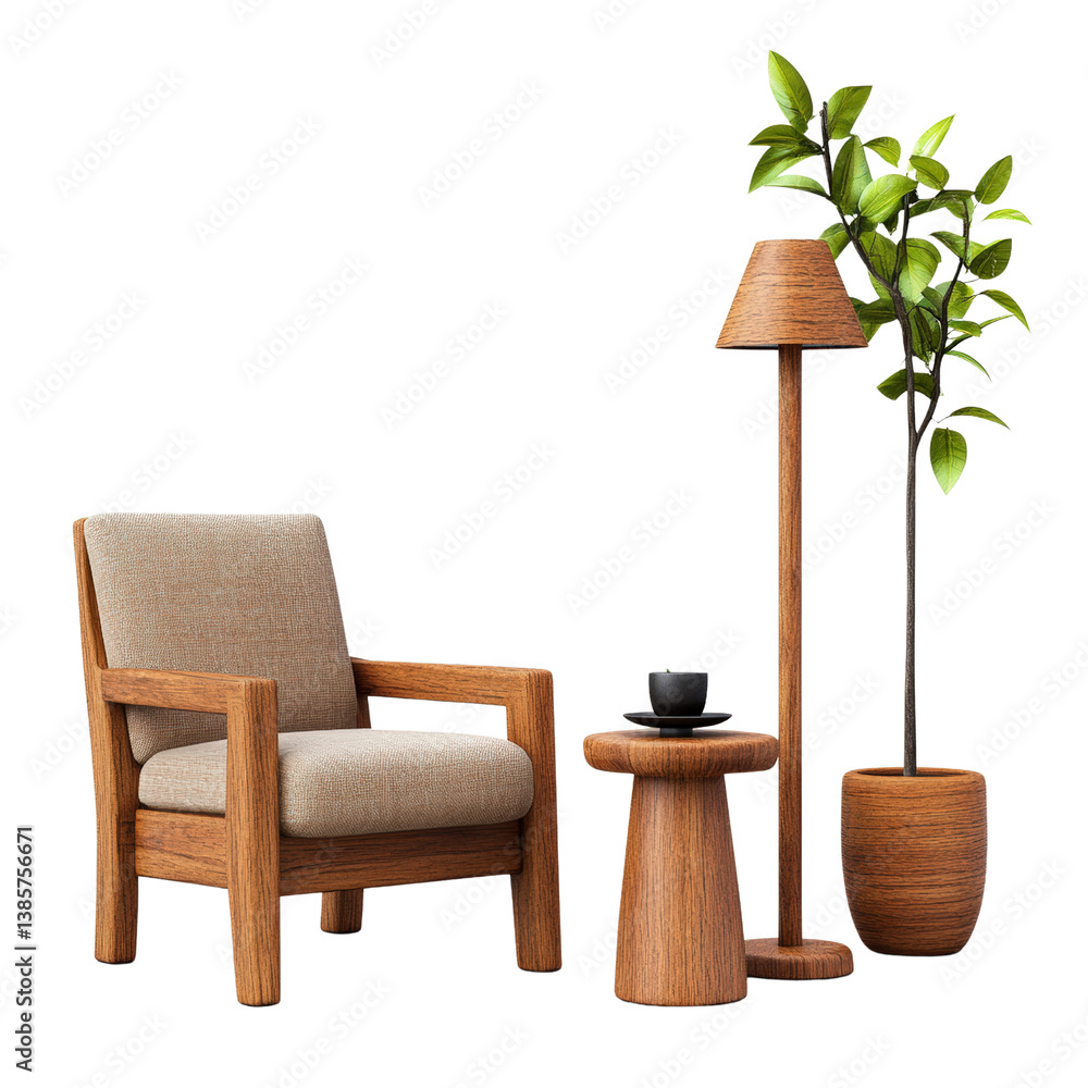 Poster a cozy chair placed next to a lush green plant creating a tranquil indoor setting for relaxation and