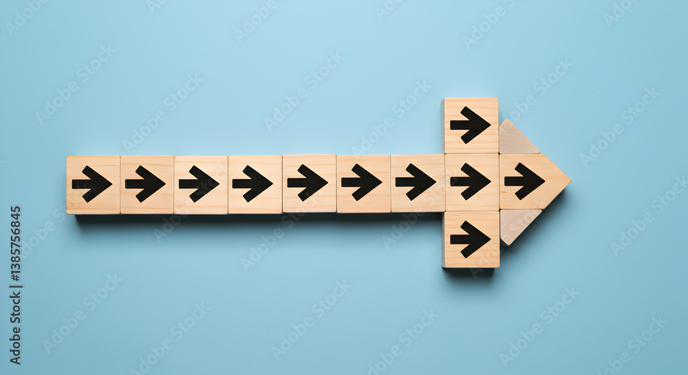 Poster wooden blocks form an arrow on blue background demonstrating direction and teamwork with simple mini