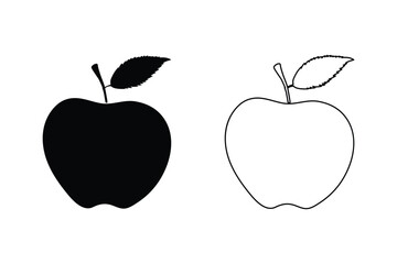Silhouette and Outline of an Apple with Leaf – Black and White Minimalist Illustration vector
