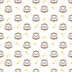 Fototapeta premium Cute cartoon cat face hand drawn seamless pattern