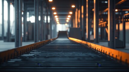 Obraz premium An industrial conveyor belt in a factory setting, illuminated by lights.