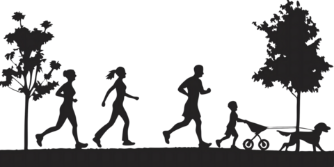 Family Silhouette Exercising Outdoors in Park with Dog and Stroller