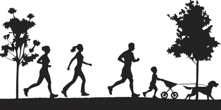 Family Silhouette Exercising Outdoors in Park with Dog and Stroller
