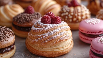Artisan Pastries Showcase: A mouthwatering assortment of freshly baked pastries, delicately arranged with focus on detail, showcasing the artistry of bakery.
