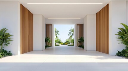 Elegant resort hotel with sleek white walls, large open windows, and natural wood accents, elegant resort, chic, modern