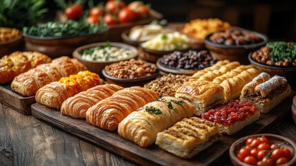Culinary Feast: A wooden table overflows with an exquisite array of delectable pastries, breads, and side dishes, all arranged to tantalize the senses and create a visually appealing buffet.