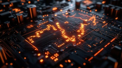 Abstract circuit board with glowing pathways