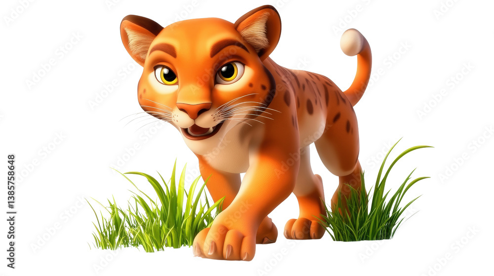 Poster colorful cartoon tiger character with friendly facial expression and striped fur posed playfully aga