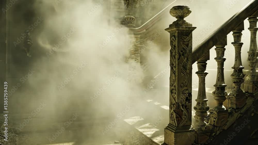 Poster enigmatic staircase ornate pillars and soft mist create mysterious atmosphere with captivating light