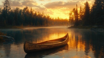 Fototapeta premium A wooden canoe floating on a tranquil lake during sunset, surrounded by towering evergreen trees, with golden hues reflecting off the water.
