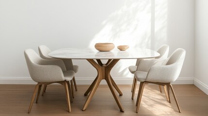 Fototapeta premium Elegant dining room table set modern minimalist home interior design showcase bright natural lighting contemporary style spacious atmosphere