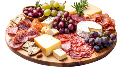 Charcuterie board with assorted cheeses, meats, grapes, artisanal arrangement,