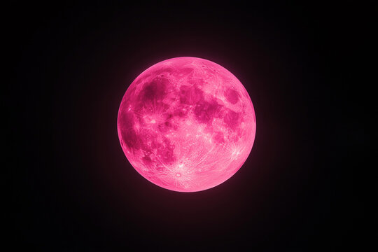 Pink full moon against a dark night sky, lunar phenomenon