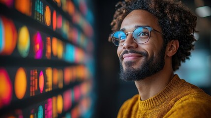 A smiling man with glasses looks towards a colorful display