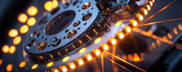 Close-up of a futuristic brake rotor with glowing lights.