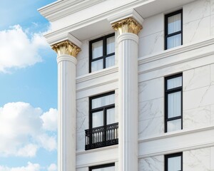 Chic hotel building with white marble exterior, large windows, and goldaccented details, chic marble hotel, elegant, upscale