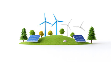 3D green island with wind turbines, solar panels and trees isolated on white