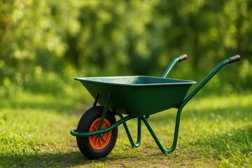 Wheelbarrow on Green Grass in a Sunny Garden During Late Afternoon
