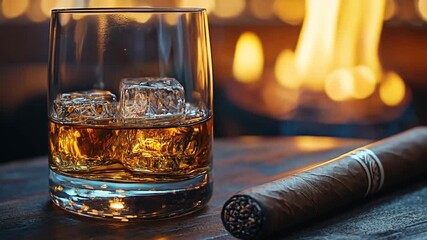 Whiskey glass with ice cubes by fireplace and cigar. Relaxing drink. Stock photo