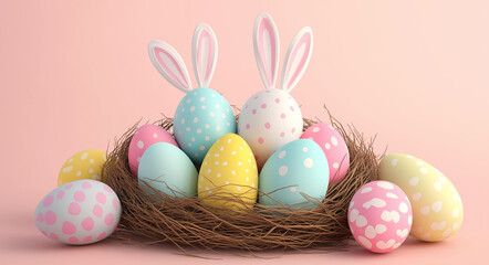 Cute Pastel Easter Eggs with Bunny Ears Decoration