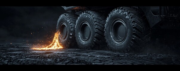 Close-up of a heavy vehicle tire leaving a fiery mark on gravel.