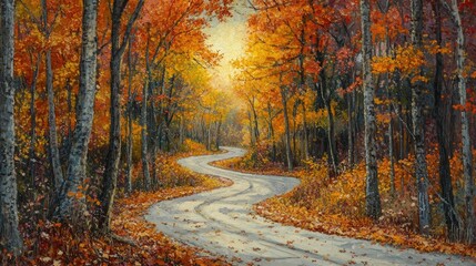 Fototapeta premium A winding road through an autumn forest with vibrant orange, red, and yellow leaves, soft golden sunlight filtering through the trees, and fallen leaves covering the ground.