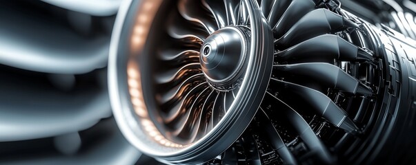 Close-up of a jet engine turbine highlighting intricate details.