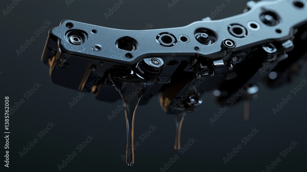 Poster close-up of a mechanical part with oil dripping from it.