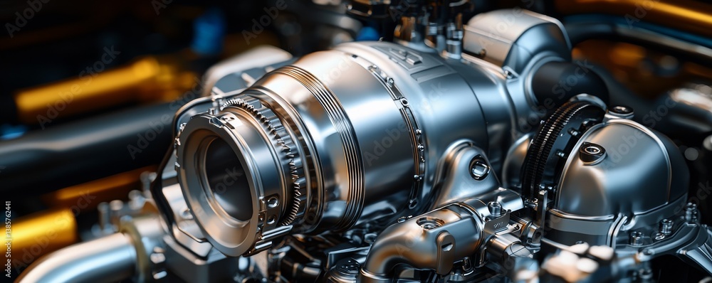 Poster close-up of a metallic engine component showcasing intricate details.
