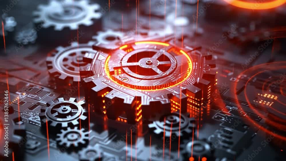 Poster futuristic industrial design innovative gears and digital circuits showcase high tech machinery and 