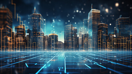 Blue flat vector illustration of a fintech bank concept with city development, highlighting digital finance.