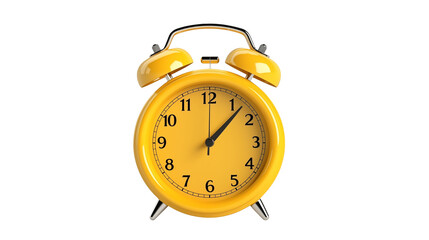 A bright yellow alarm clock with bells and a chrome handle on a black background image