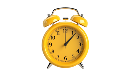 A bright yellow alarm clock with bells and a chrome handle on a black background image
