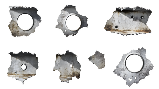 Collection of metal bullet holes, torn edges, distressed metal textures,
