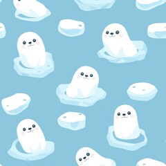 Playful Seamless Pattern of Tiny Baby Seals Lounging on Ice