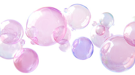 Collection of pink bubbles, translucent and iridescent, floating,
