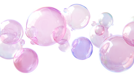 Collection of pink bubbles, translucent and iridescent, floating,