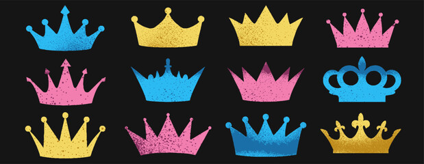 Colourful crown collage with cutout king and queen designs. Torn retro paper scraps with pink, blue, yellow doodles, punk patterns, and Y2K textures © annetdebar