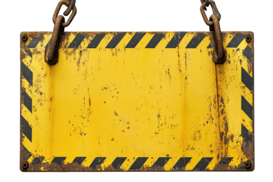 Rusty yellow warning sign hanging on chains blank template isolated on transparent background