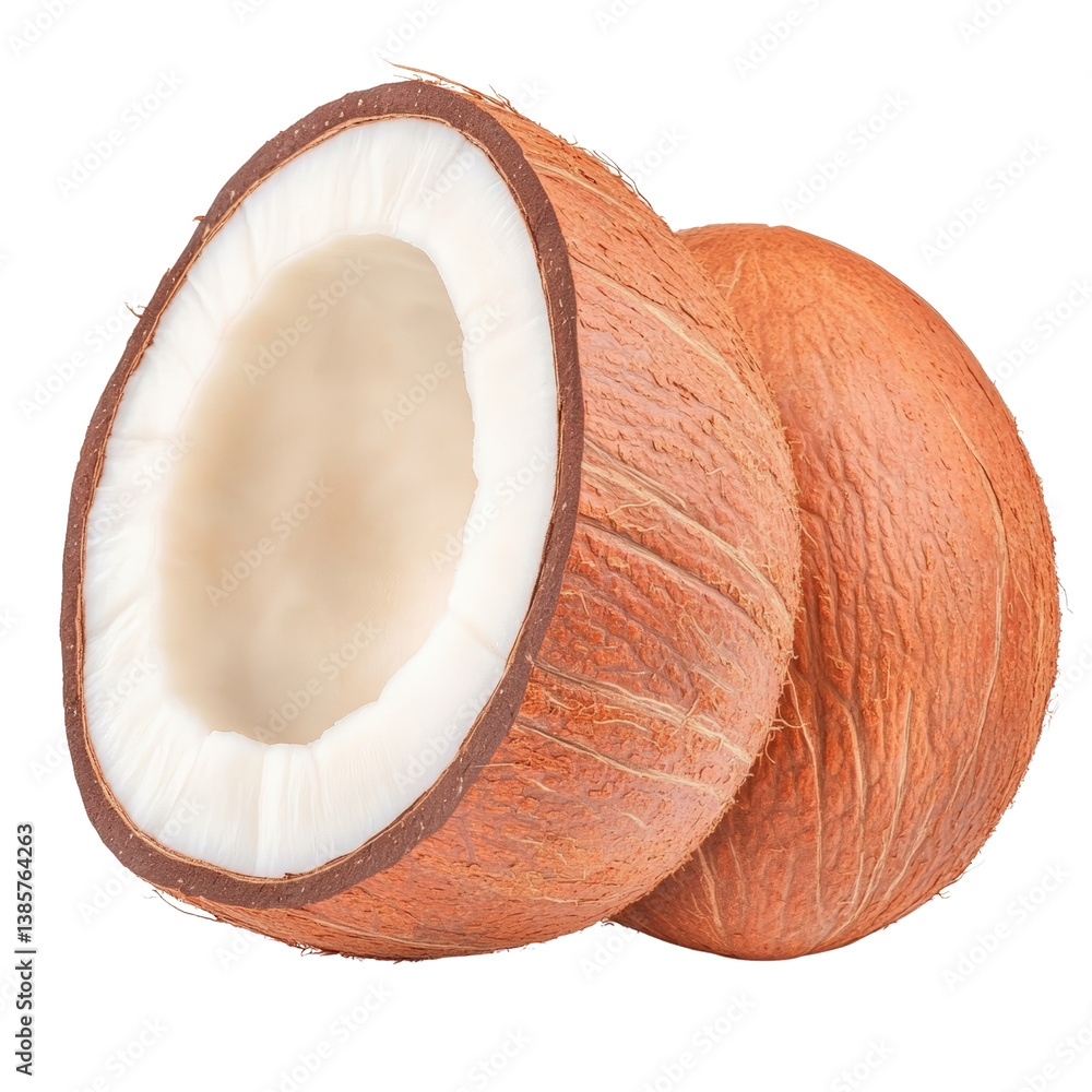 Poster whole coconut with hard and fibrous husk displayed on a natural surface representing tropical fruits