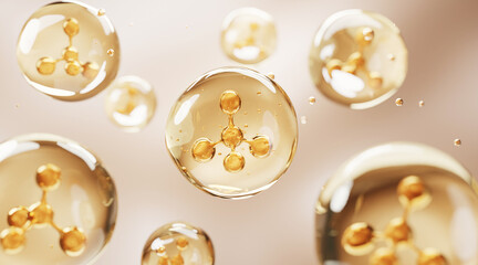3D illustration of golden molecular structures inside serum bubbles, representing advanced dermocosmetic technology and deep nourishment in skincare innovation.