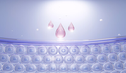 3D illustration of water molecules penetrating skin layers, representing dermocosmetic hydration and deep moisture delivery through advanced beauty technology.