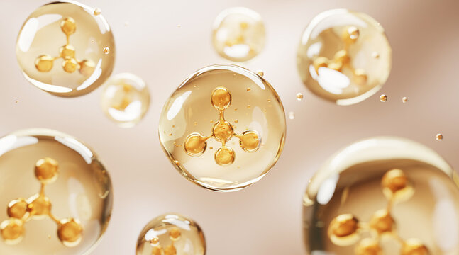 3D illustration of golden molecular structures inside serum bubbles, representing advanced dermocosmetic technology and deep nourishment in skincare innovation.