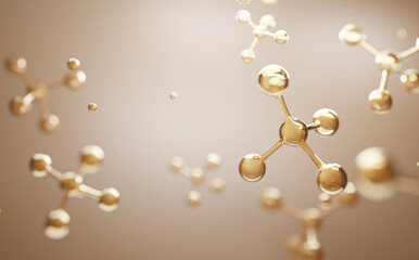 Golden molecules floating in air, representing science, beauty innovation, and futuristic skincare technology. Clean, luxurious, and modern concept.