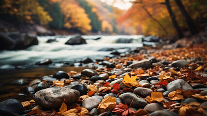a river with rocks and leaves in the fall blur background image and use it as your wallpaper, poster and banner design