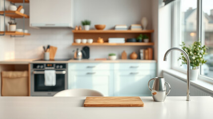 Modern kitchen setup with wooden cutting board and silver kettle in bright natural light