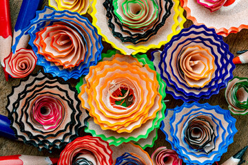 Macro View of Pencil Shavings Arranged Like Colorful Flowers. Creative Art Concept Using Pencil Shavings in Floral Pattern