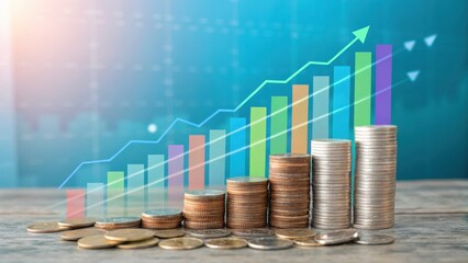 A visual representation of financial growth featuring stacked coins and a rising graph, symbolizing investment and economic progress.