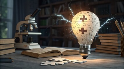 A light bulb shaped like a puzzle piece emits electricity, surrounded by books and a microscope, symbolizing creativity and scientific inquiry.